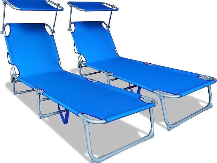 SALE Folding Sun Loungers Set of 2, Sunbed with Adjustable Backrest & Sunshade for Garden, Beach, Patio, Pool, Camp, Load
