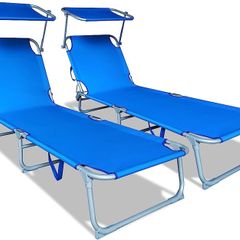 SALE Folding Sun Loungers Set of 2, Sunbed with Adjustable Backrest & Sunshade for Garden, Beach, Patio, Pool, Camp, Load