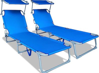 SALE Folding Sun Loungers Set of 2, Sunbed with Adjustable Backrest & Sunshade for Garden, Beach, Patio, Pool, Camp, Load