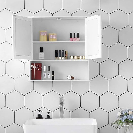 Bathroom Cabinet, Wall Cupboard, Mirror with Shelf, Wooden Makeup Cabinet, 56 x 58 x 13 cm (W x H x D) White