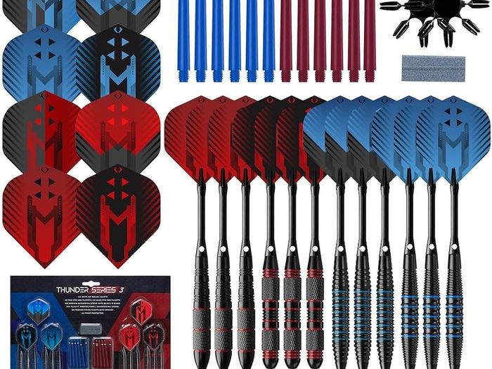 NEW SALE | 65 Piece Steel Tip Dart Set with 21g/22g/23g/24g Barrels, Flights, Sharpening Stone and Aluminium Shafts, Series 3, Black/Red/Blue
