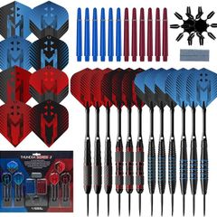 NEW SALE | 65 Piece Steel Tip Dart Set with 21g/22g/23g/24g Barrels, Flights, Sharpening Stone and Aluminium Shafts, Series 3, Black/Red/Blue
