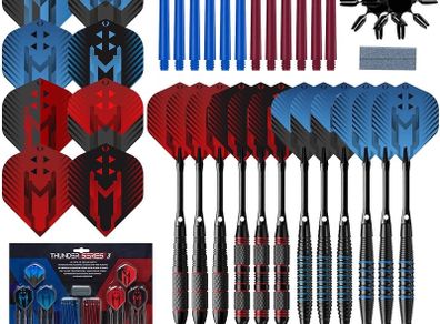 NEW SALE | 65 Piece Steel Tip Dart Set with 21g/22g/23g/24g Barrels, Flights, Sharpening Stone and Aluminium Shafts, Series 3, Black/Red/Blue