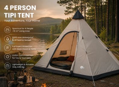 4 Person Tipi Tent Floor Pan Insect Repellent Standing Height Waterproof 5000 mm