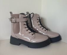 Beige patent chunky biker boots |River Island UK 5 / EU38 Nude