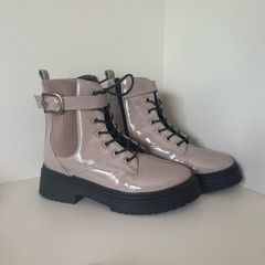 Beige patent chunky biker boots |River Island UK 5 / EU38 Nude