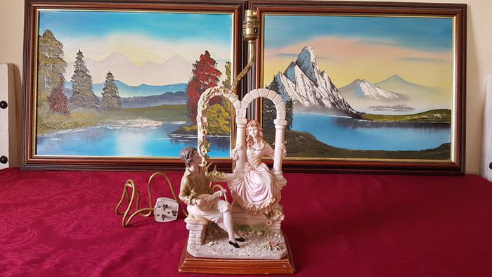 Capodimonte Italian Figurine Signed Large Table Lamp With Silky White Shade 27 Inches Tall