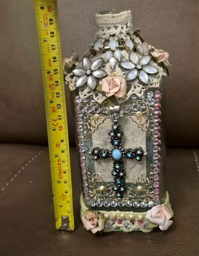Stunning Vintage Style Altered Art Glass Bottle  Decorative Cross and Floral Detail