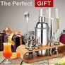 Cocktail Shaker Set Stainless Steel Bamboo Stand Image 2