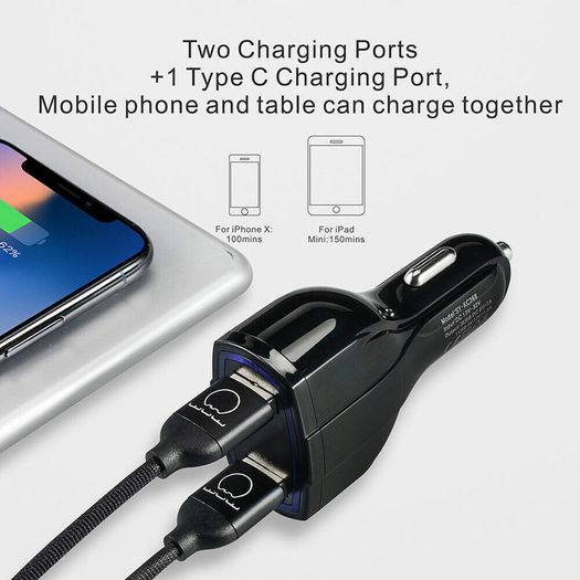 2 X QC 3.0 3 Port Fast Car Mobile Charger (Dual USB-A + Type-C) 35W (Brand New/Warranty)
