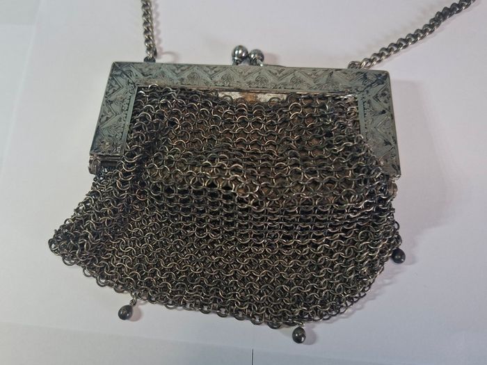 German silver chainmail mesh purse with floral clasp and chain strap
