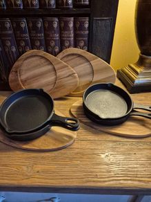 Cast Iron Mini Skillet Set with Wooden Serving Boards (Set of 4)