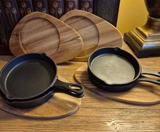Cast Iron Mini Skillet Set with Wooden Serving Boards (Set of 4)