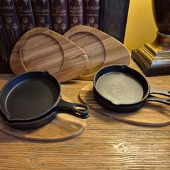 Cast Iron Mini Skillet Set with Wooden Serving Boards (Set of 4)