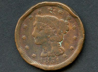 Scarce USA 1851 Large Braided Hair Cent - Fine + Condition - Free Postage