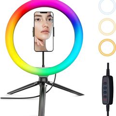Ring Light with Tripod Stand & Phone Holder, 10 inch LED Ring Light with 12 RGB Modes & 10 Brightness Level,Selfie Ring Lights for Makeup, Tiktok, YouTube
