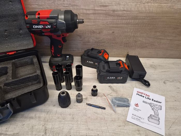 ONEVAN 1/2 inch Cordless Impact Wrench 1700Nm Brushless Electric with 2 Batteries & Fast Charger Red Black