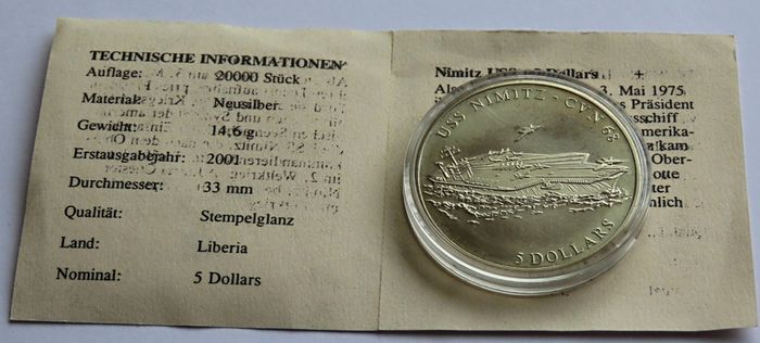 USA Navy Aircraft carrier USS Nimitz 5 Dollars 2001 + certificate