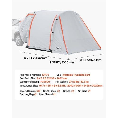 Inflatable SUV Tent with Awning, 2.44 x 2.04m 3-Season SUV Tailgate Tent with Ventilated Doors & Mesh Window, PU2000mm Waterproof Car Rear Hatch Tents for Outdoor Camping - Air Pump Included