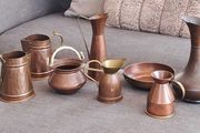 copper and brass jugs, pot and pan