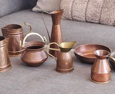 copper and brass jugs, pot and pan