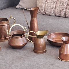 copper and brass jugs, pot and pan