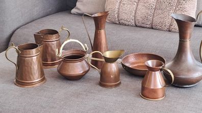 copper and brass jugs, pot and pan