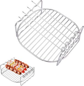 Air Fryer Double Layer Rack, Multi-purpose Air Fryer Accessories with 4 Skewers, 6.8 Inch Stainless Steel Airfryer Grill Pan Compatible with Go Wise/Phillips Airfryer (Fit 3.5-5.8QT)