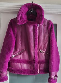 RIVER ISLAND fuschia faux leather and fur biker jacket Sz 14UK - Rrp 125 (New)