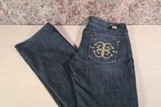 womens GUESS PREMIUM Bootcut black stretchy denim jeans gold embroidery  Size W 32 L 30 A1