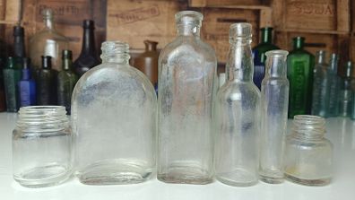 473 - Set of 6 Vintage Clear Glass Cork Screw Top Collectible Decorative Bottles