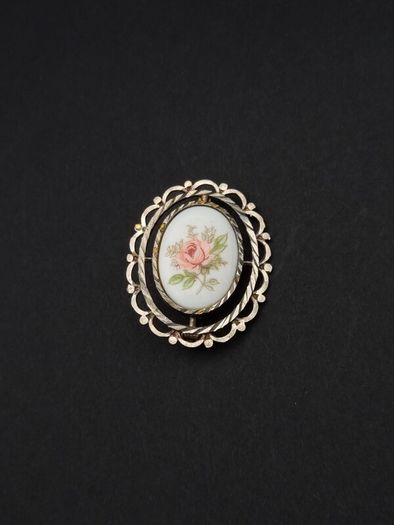 Hand Painted Porcelain Sterling Silver Brooch