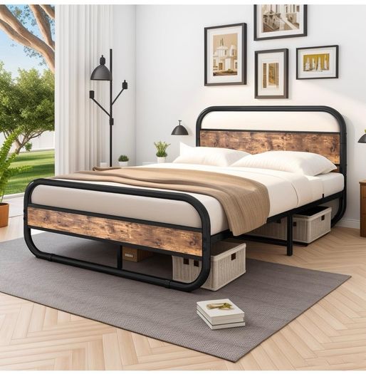 King Size Bed Metal Platform Bed Frame with Wood Headboard