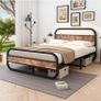 King Size Bed Metal Platform Bed Frame with Wood Headboard Image 8