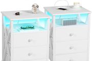 Bedside Table Set of 2 with Charging Station, Side Table with Led Lights