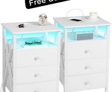 Bedside Table Set of 2 with Charging Station, Side Table with Led Lights