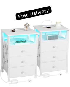 Bedside Table Set of 2 with Charging Station, Side Table with Led Lights