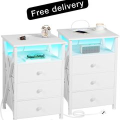 Bedside Table Set of 2 with Charging Station, Side Table with Led Lights