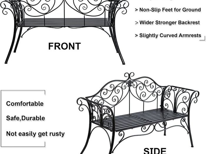 Black 2-Seater Garden Bench, Wrought Iron Frame with Decorative Cast Aluminium Backrest, Outdoor Patio & Porch Seating, 250kg Capacity