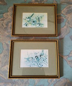 Vintage pair of framed finch prints