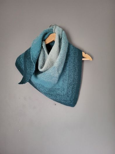 Handmade crochet triangle wool shawl wrap. Teal and mint gradient ombre shawl