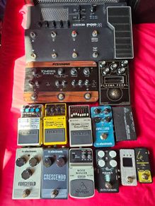 guitar and bass pedals, footdrums, bass amp and wearable metronome