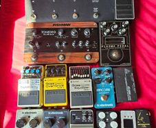guitar and bass pedals, footdrums, bass amp and wearable metronome