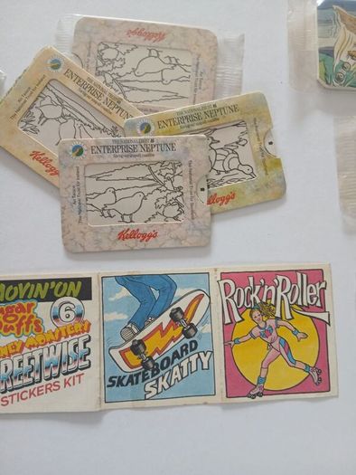 Scrace lot of 1980s retro cereal freebies . Kelloggs Rice crispies , sugar puffs stickers games and cards .