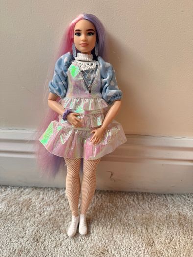 Barbie Extra #2 Curvy Asian Articulated doll Pink Purple Long Hair Used Please see photos