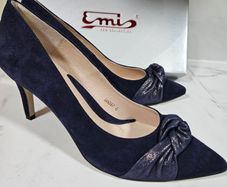 Emis new collection court blue bow detail medium heel leather shoes UK 6.6EU 40 new & boxed