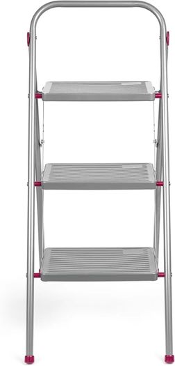 3 Folding Stepladder Large Step Stool with Non-Slip Feet, Collapsible for Compact Storage, Strong Steel Structure, Safety Clip, 150kg Weight Capacity, 105cm High, Pink/Grey