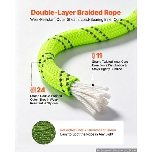Double Braided Polyester Rope 12.7 mm x 36 m Arborist Rigging Rope, for Tree Work, Heavy Duty 11 Strands, 1678 kg High Breaking Strength, Outdoor Climbing Towing Swing Pulling Cord, Green