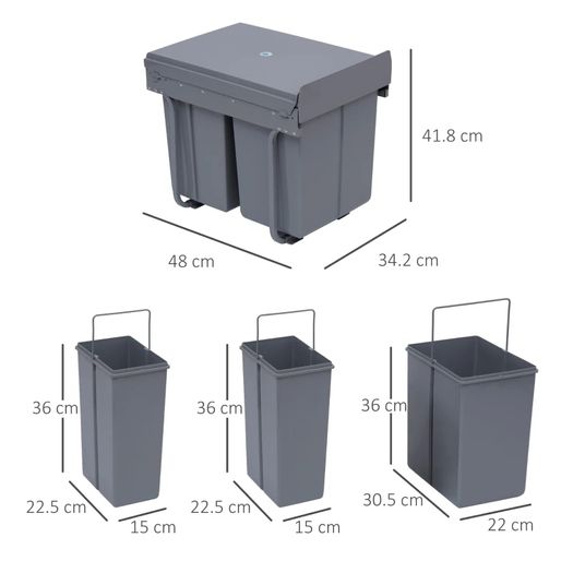 40L Pull Out Kitchen Recycle Waste Bin with Soft Close Dustbin Recycling Cabinet Trash Can Grey (1x20L+2x10L))