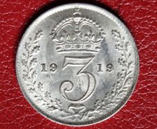 Unc 1919 United Kingdom Silver 3 Pence - George V 1st issue; incl. Maundy